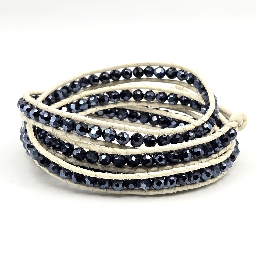 Multi Wrap Black Faceted Metallic Glass Bead‎ Cream Leather Bracelet Silver Tone